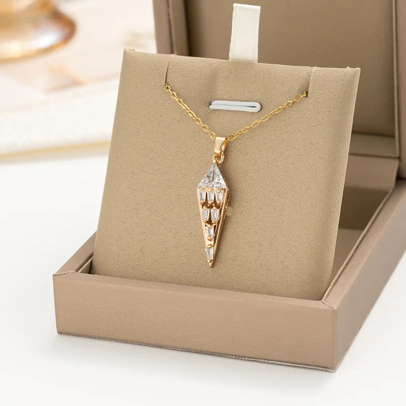 304 Stainless Steel Copper Inlay Tower Zircon Pendant Necklace