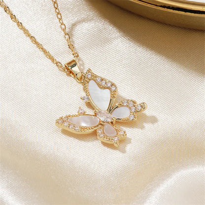 304 Stainless Steel Copper K Gold Plated Casual Vacation Sweet Three-Dimensional Inlay Butterfly Shell Zircon Pendant Necklace