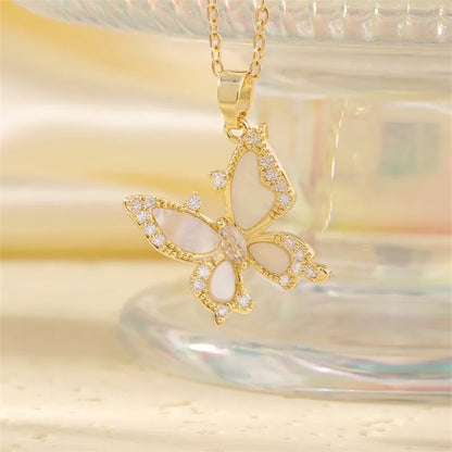 304 Stainless Steel Copper K Gold Plated Casual Vacation Sweet Three-Dimensional Inlay Butterfly Shell Zircon Pendant Necklace