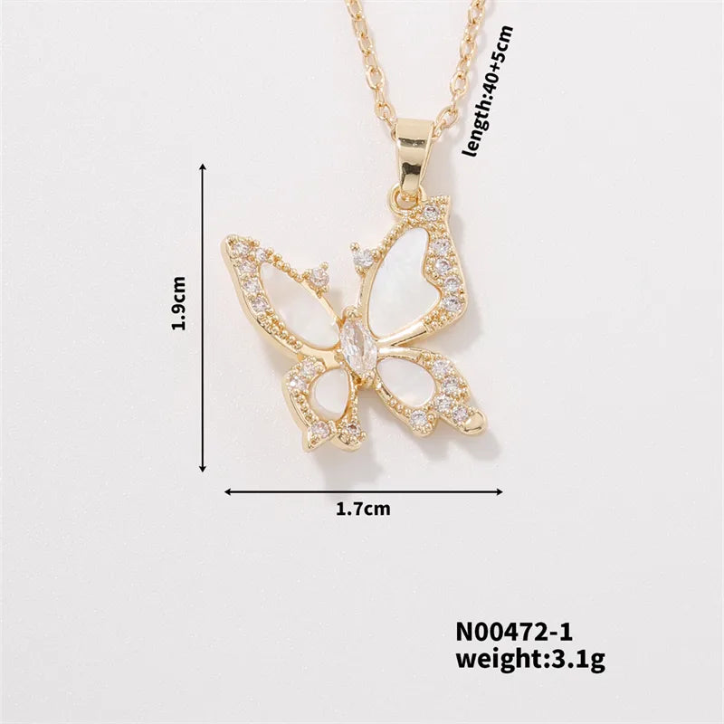 304 Stainless Steel Copper K Gold Plated Casual Vacation Sweet Three-Dimensional Inlay Butterfly Shell Zircon Pendant Necklace