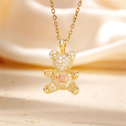 304 Stainless Steel Copper K Gold Plated Cute Sweet Artistic Inlay Bear Heart Shape Zircon Pendant Necklace