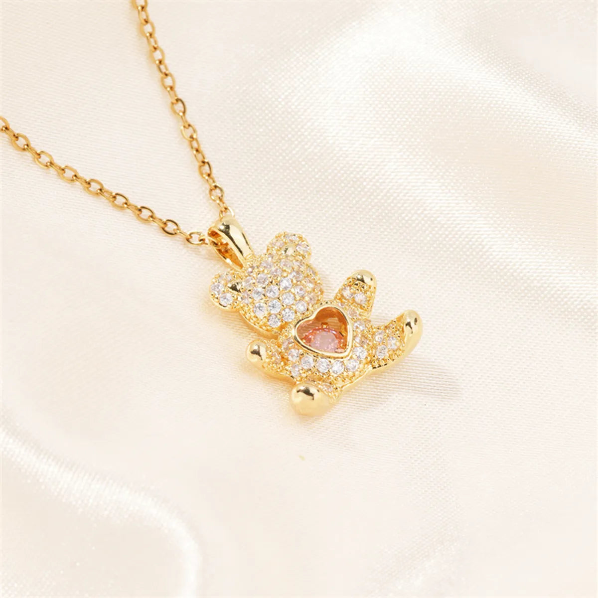 304 Stainless Steel Copper K Gold Plated Cute Sweet Artistic Inlay Bear Heart Shape Zircon Pendant Necklace