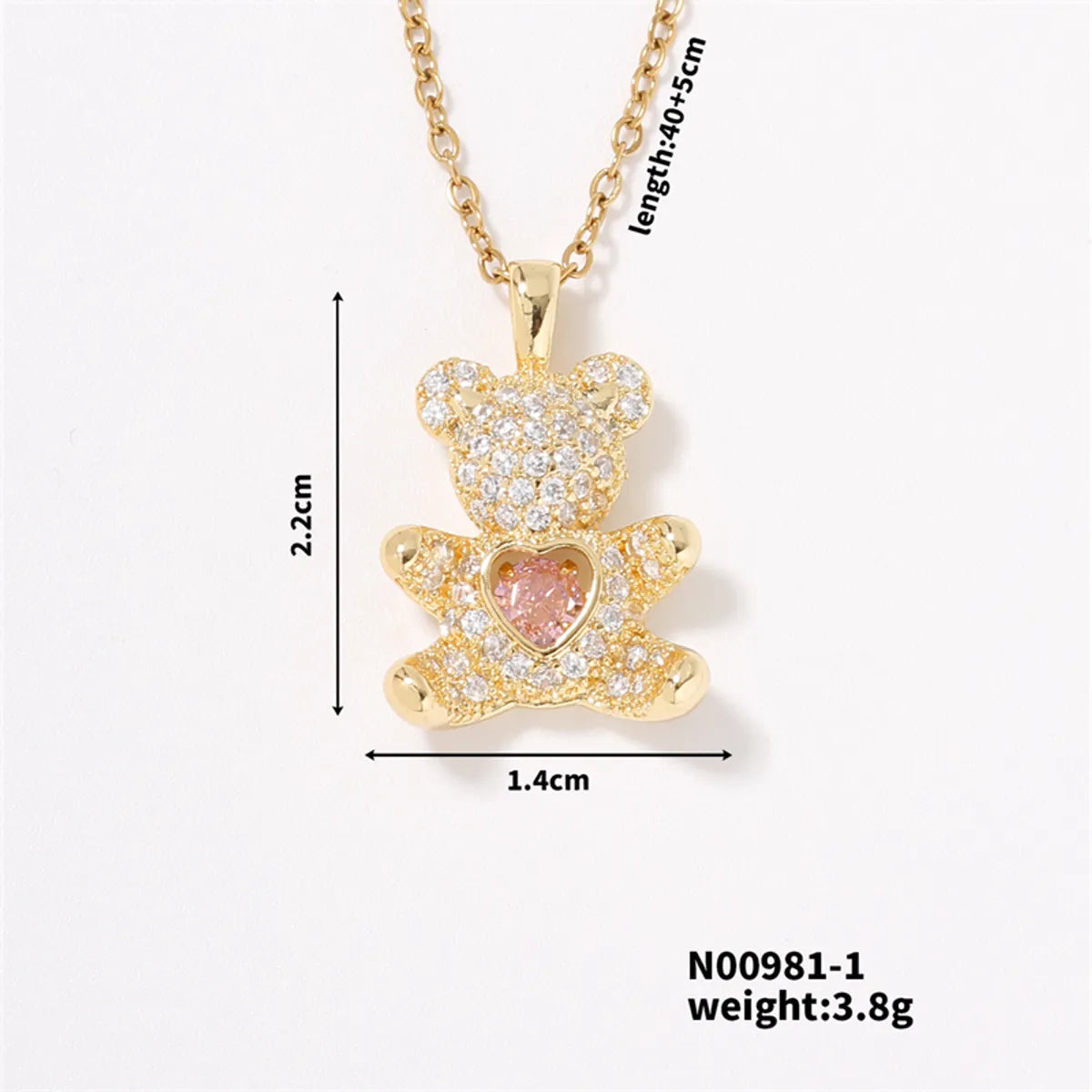 304 Stainless Steel Copper K Gold Plated Cute Sweet Artistic Inlay Bear Heart Shape Zircon Pendant Necklace