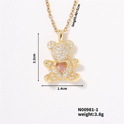 304 Stainless Steel Copper K Gold Plated Cute Sweet Artistic Inlay Bear Heart Shape Zircon Pendant Necklace