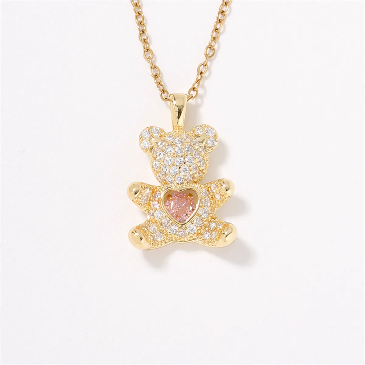 304 Stainless Steel Copper K Gold Plated Cute Sweet Artistic Inlay Bear Heart Shape Zircon Pendant Necklace