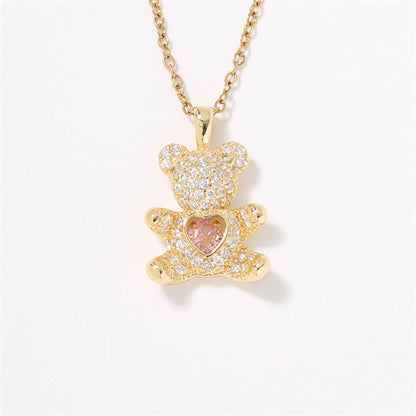 304 Stainless Steel Copper K Gold Plated Cute Sweet Artistic Inlay Bear Heart Shape Zircon Pendant Necklace