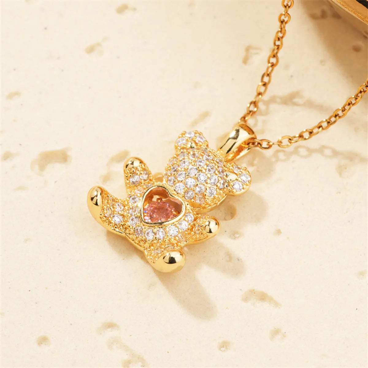 304 Stainless Steel Copper K Gold Plated Cute Sweet Artistic Inlay Bear Heart Shape Zircon Pendant Necklace