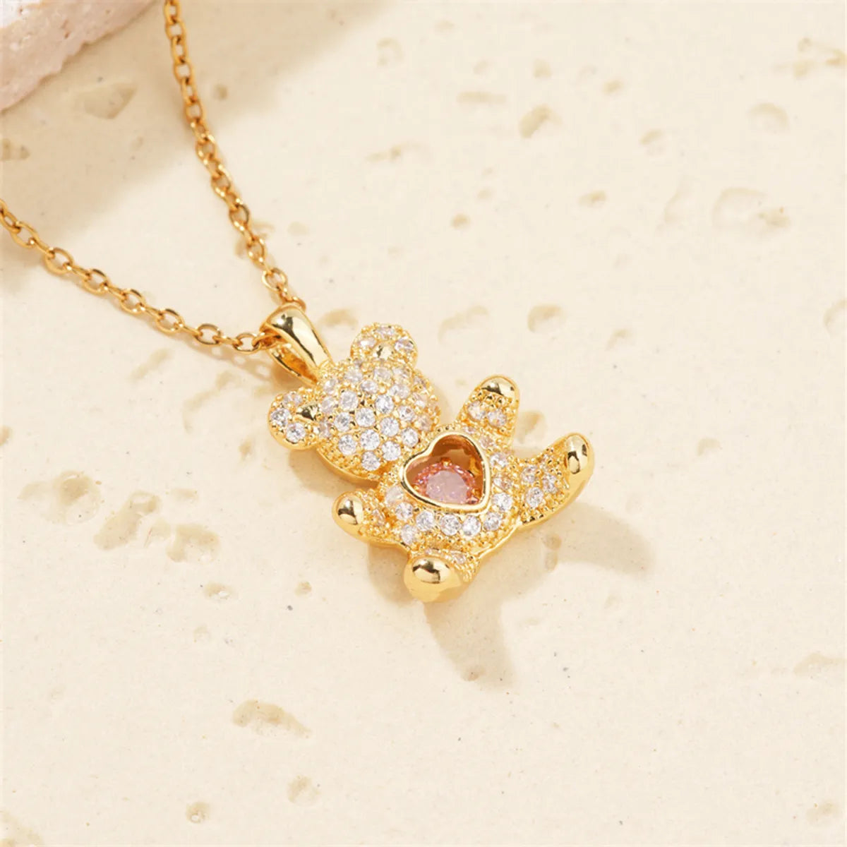 304 Stainless Steel Copper K Gold Plated Cute Sweet Artistic Inlay Bear Heart Shape Zircon Pendant Necklace