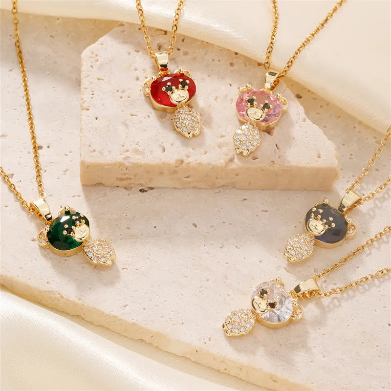 304 Stainless Steel Copper K Gold Plated Cute Sweet Korean Style Three-Dimensional Inlay Little Bear Zircon Pendant Necklace