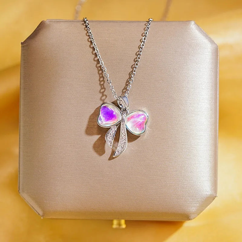 304 Stainless Steel Copper K Gold Plated Elegant Glam Shiny Inlay Bow Knot Zircon Pendant Necklace