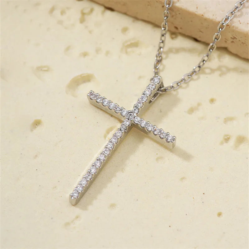 304 Stainless Steel Copper K Gold Plated Hip-Hop Rock Streetwear Three-Dimensional Inlay Cross Zircon Pendant Necklace