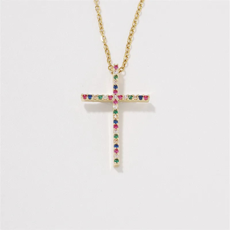 304 Stainless Steel Copper K Gold Plated Hip-Hop Rock Streetwear Three-Dimensional Inlay Cross Zircon Pendant Necklace