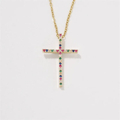 304 Stainless Steel Copper K Gold Plated Hip-Hop Rock Streetwear Three-Dimensional Inlay Cross Zircon Pendant Necklace