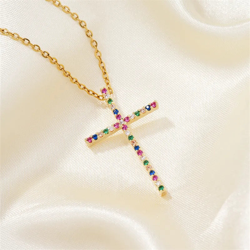 304 Stainless Steel Copper K Gold Plated Hip-Hop Rock Streetwear Three-Dimensional Inlay Cross Zircon Pendant Necklace