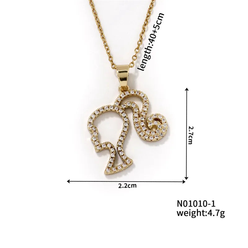 304 Stainless Steel Copper K Gold Plated Rhodium Plated Cute Sweet Artistic Three-Dimensional Inlay Human Little Girl Zircon Pendant Necklace