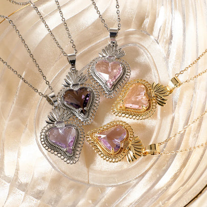 304 Stainless Steel Copper K Gold Plated Rhodium Plated Three-Dimensional Inlay Heart Shape Strawberry Glass Pendant Necklace