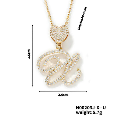 304 Stainless Steel Copper K Gold Plated Three-Dimensional Inlay Letter Heart Shape Zircon Pendant Necklace