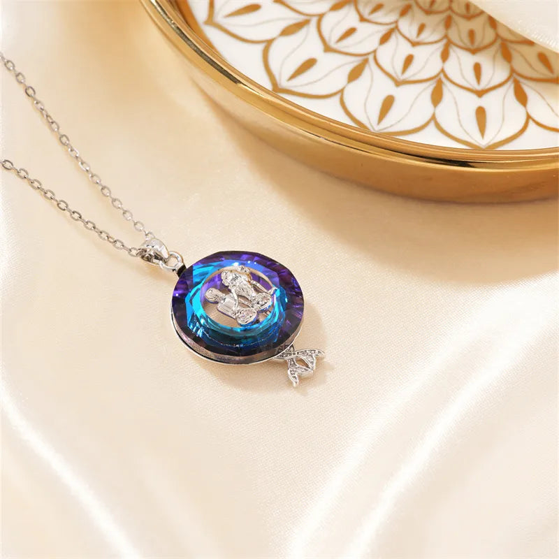 304 Stainless Steel Copper Rhodium Plated Casual Cute Three-Dimensional Inlay Mermaid Crystal Zircon Pendant Necklace