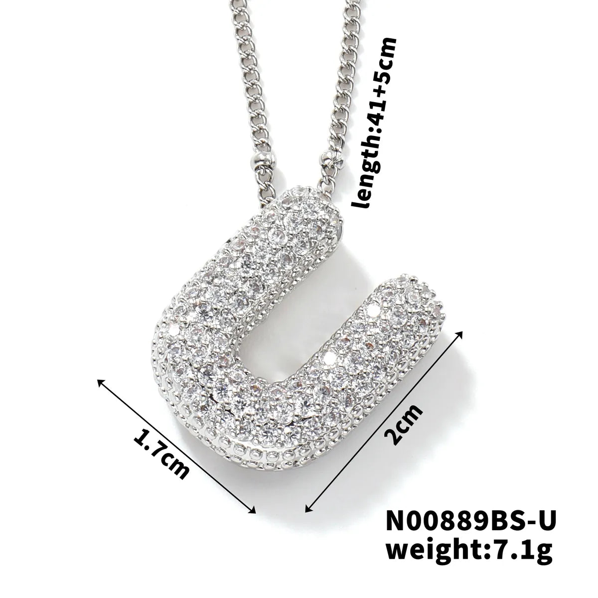 304 Stainless Steel Copper Rhodium Plated Three-Dimensional Inlay Letter Zircon Pendant Necklace