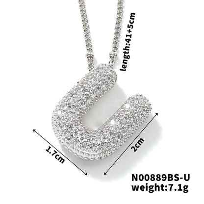 304 Stainless Steel Copper Rhodium Plated Three-Dimensional Inlay Letter Zircon Pendant Necklace