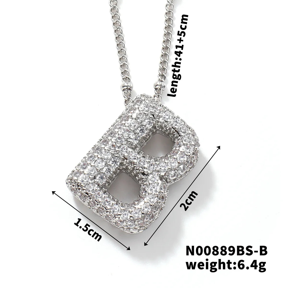 304 Stainless Steel Copper Rhodium Plated Three-Dimensional Inlay Letter Zircon Pendant Necklace