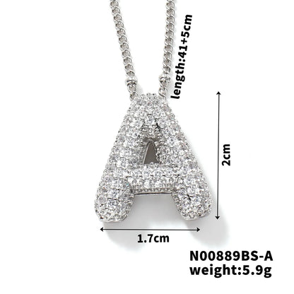 304 Stainless Steel Copper Rhodium Plated Three-Dimensional Inlay Letter Zircon Pendant Necklace