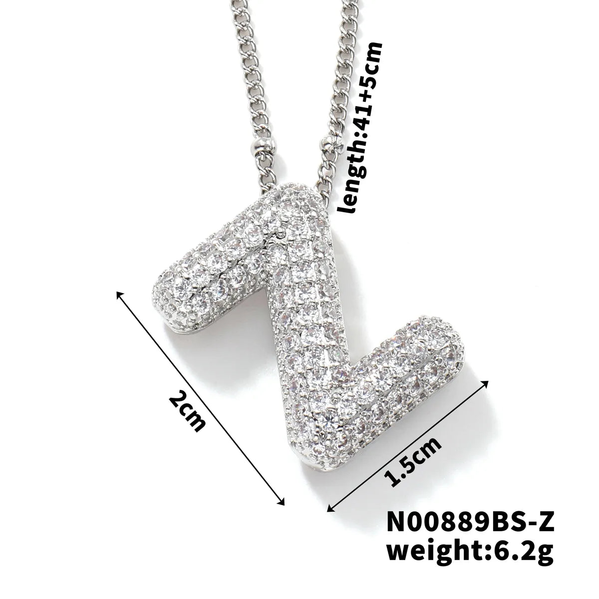 304 Stainless Steel Copper Rhodium Plated Three-Dimensional Inlay Letter Zircon Pendant Necklace