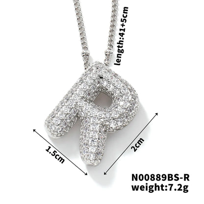 304 Stainless Steel Copper Rhodium Plated Three-Dimensional Inlay Letter Zircon Pendant Necklace