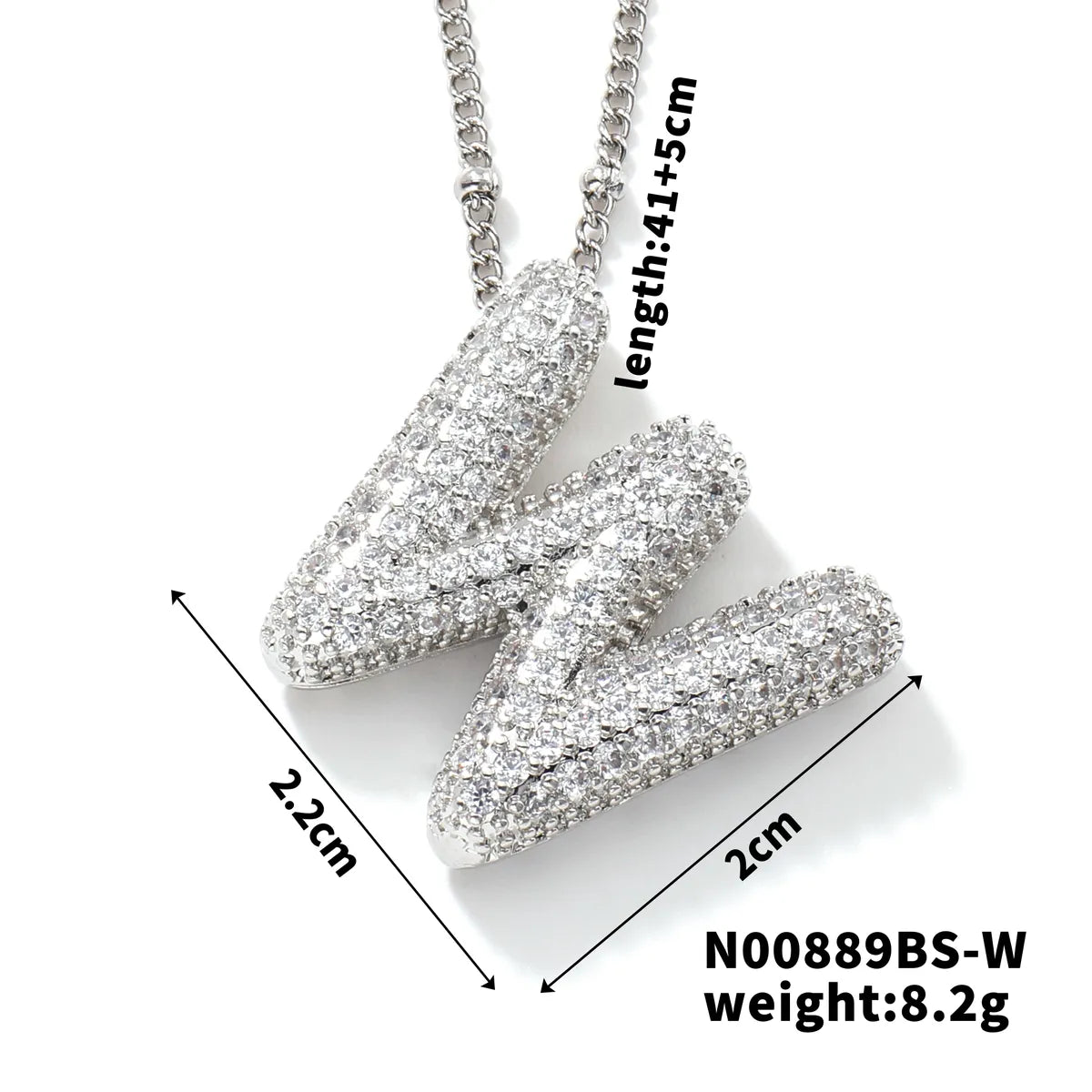 304 Stainless Steel Copper Rhodium Plated Three-Dimensional Inlay Letter Zircon Pendant Necklace