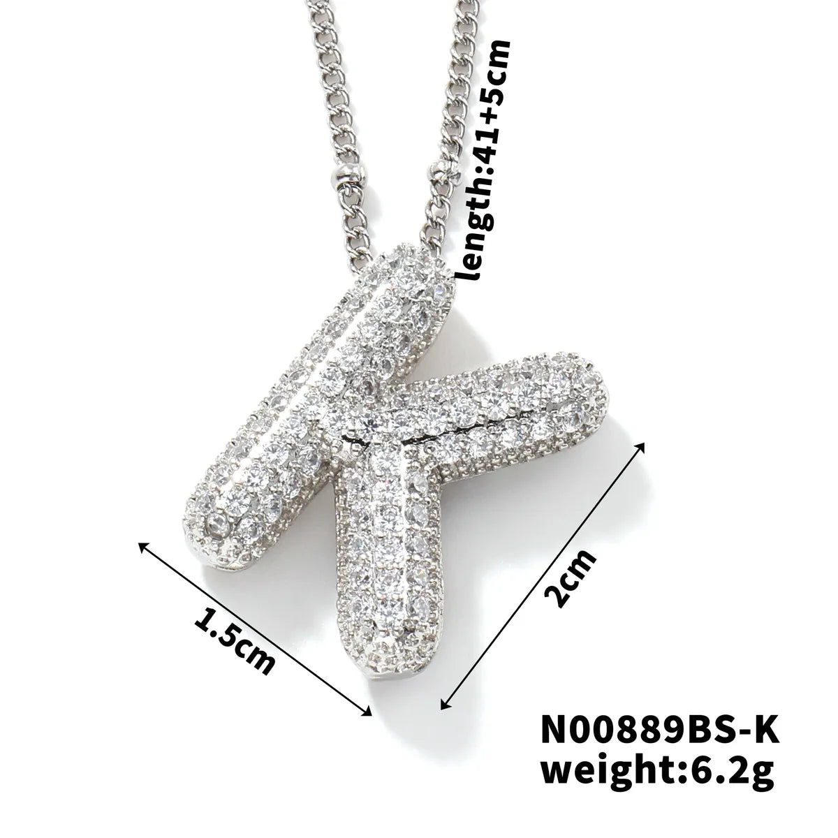 304 Stainless Steel Copper Rhodium Plated Three-Dimensional Inlay Letter Zircon Pendant Necklace