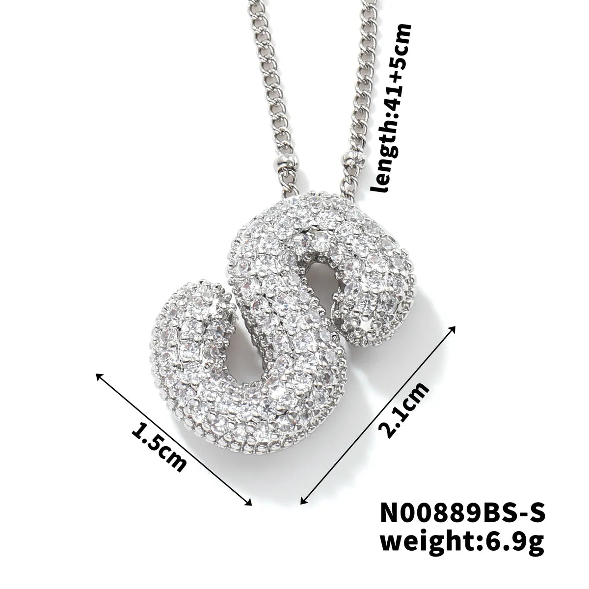 304 Stainless Steel Copper Rhodium Plated Three-Dimensional Inlay Letter Zircon Pendant Necklace