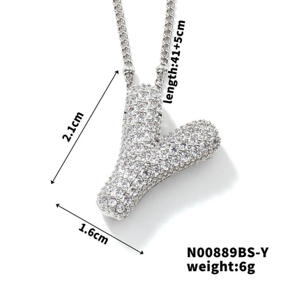 304 Stainless Steel Copper Rhodium Plated Three-Dimensional Inlay Letter Zircon Pendant Necklace