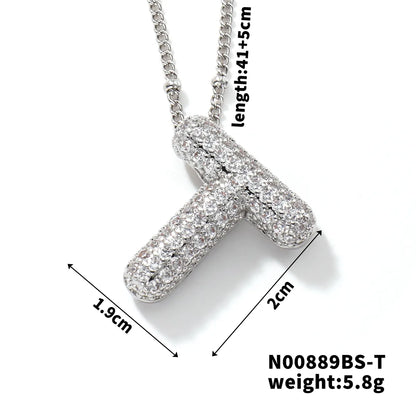 304 Stainless Steel Copper Rhodium Plated Three-Dimensional Inlay Letter Zircon Pendant Necklace