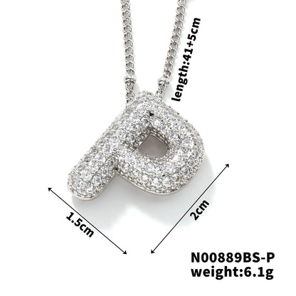 304 Stainless Steel Copper Rhodium Plated Three-Dimensional Inlay Letter Zircon Pendant Necklace