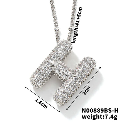 304 Stainless Steel Copper Rhodium Plated Three-Dimensional Inlay Letter Zircon Pendant Necklace