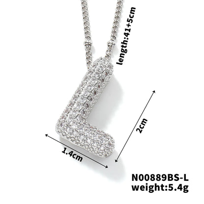 304 Stainless Steel Copper Rhodium Plated Three-Dimensional Inlay Letter Zircon Pendant Necklace