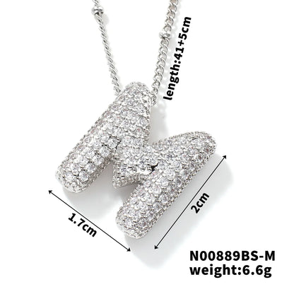 304 Stainless Steel Copper Rhodium Plated Three-Dimensional Inlay Letter Zircon Pendant Necklace