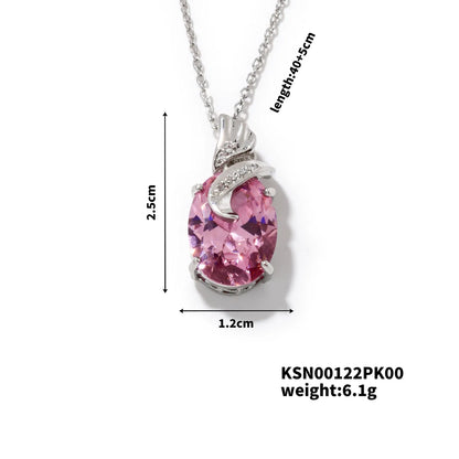 304 Stainless Steel Copper Rhodium Plated Three-Dimensional Inlay Oval Zircon Pendant Necklace