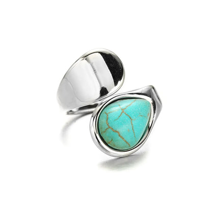 304 Stainless Steel Elegant Simple Style Inlay Water Droplets Turquoise Open Rings