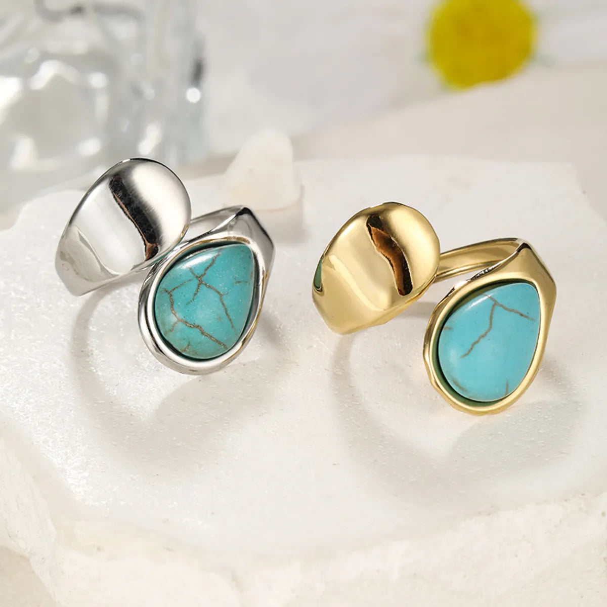 304 Stainless Steel Elegant Simple Style Inlay Water Droplets Turquoise Open Rings