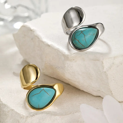 304 Stainless Steel Elegant Simple Style Inlay Water Droplets Turquoise Open Rings