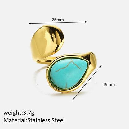 304 Stainless Steel Elegant Simple Style Inlay Water Droplets Turquoise Open Rings