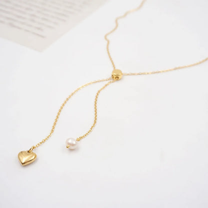 304 Stainless Steel Freshwater Pearl Titanium Steel Gold Plated Casual Vacation Simple Style Handmade Heart Shape Pendant Necklace