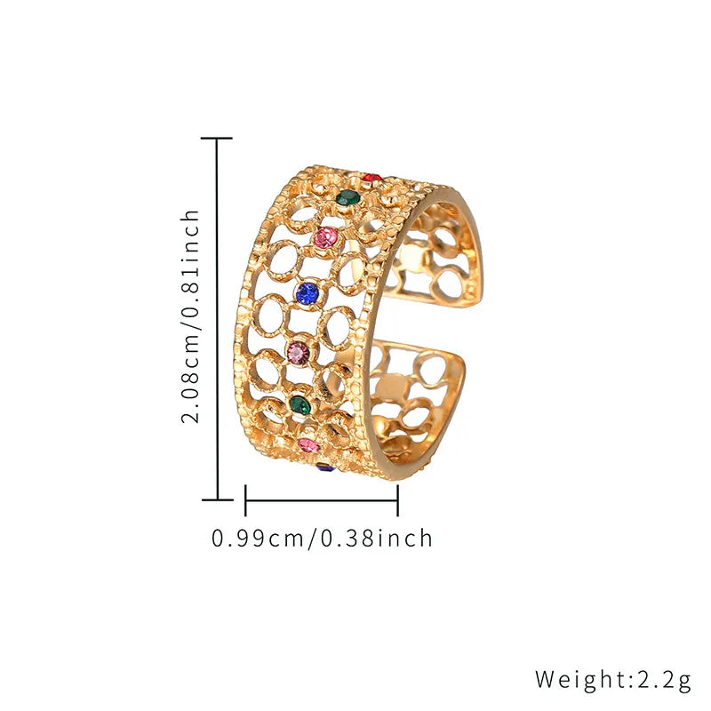 304 Stainless Steel Gold Plated Elegant Lady Hollow Out Inlay Geometric Turquoise Zircon Open Rings