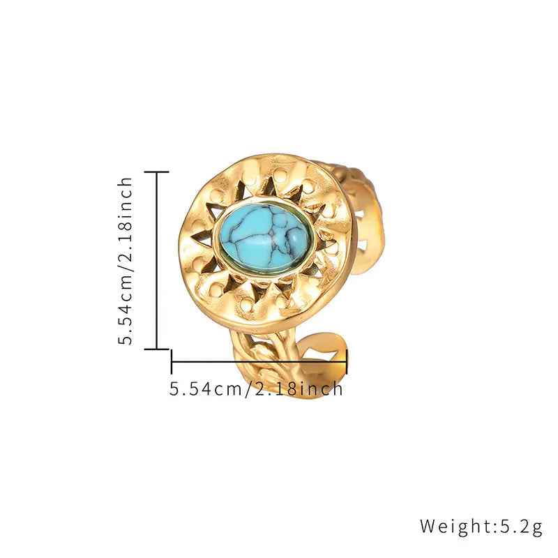 304 Stainless Steel Gold Plated Elegant Lady Hollow Out Inlay Geometric Turquoise Zircon Open Rings