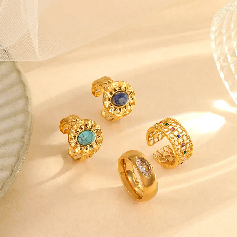 304 Stainless Steel Gold Plated Elegant Lady Hollow Out Inlay Geometric Turquoise Zircon Open Rings