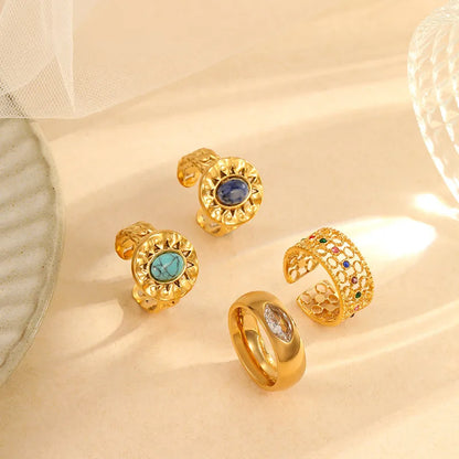 304 Stainless Steel Gold Plated Elegant Lady Hollow Out Inlay Geometric Turquoise Zircon Open Rings