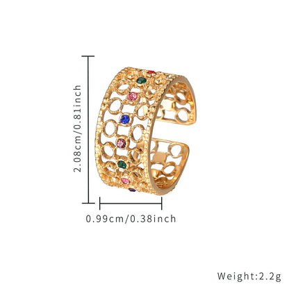 304 Stainless Steel Gold Plated Elegant Lady Hollow Out Inlay Geometric Turquoise Zircon Open Rings