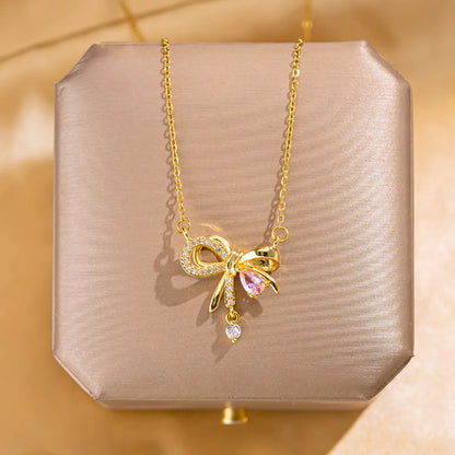 Wholesale Jewelry Elegant Lady Streetwear Geometric Flower Butterfly 304 Stainless Steel Acrylic Zircon 18K Gold Plated Inlay Pendant Necklace