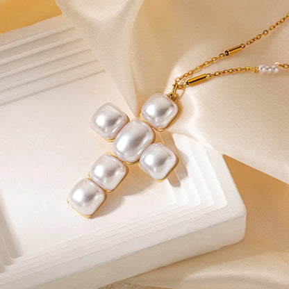 Wholesale Jewelry Elegant Modern Style Cross 304 Stainless Steel Pearl 14K Gold Plated Plating Inlay Pendant Necklace